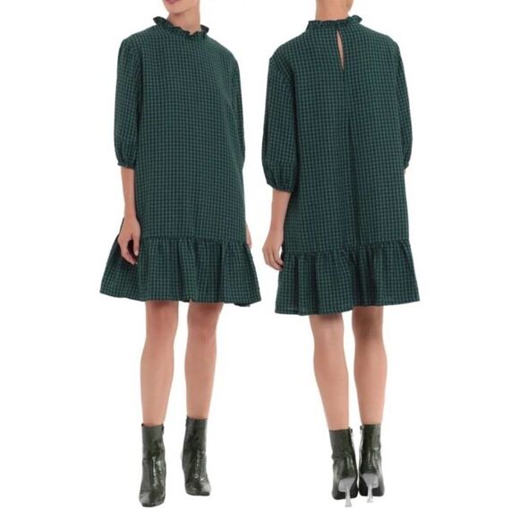 Donna Morgan Dresses & Skirts - NEW Donna Morgan Green Black Gingham Quarter Sleeve Hem Flounce Mini Dress - 18